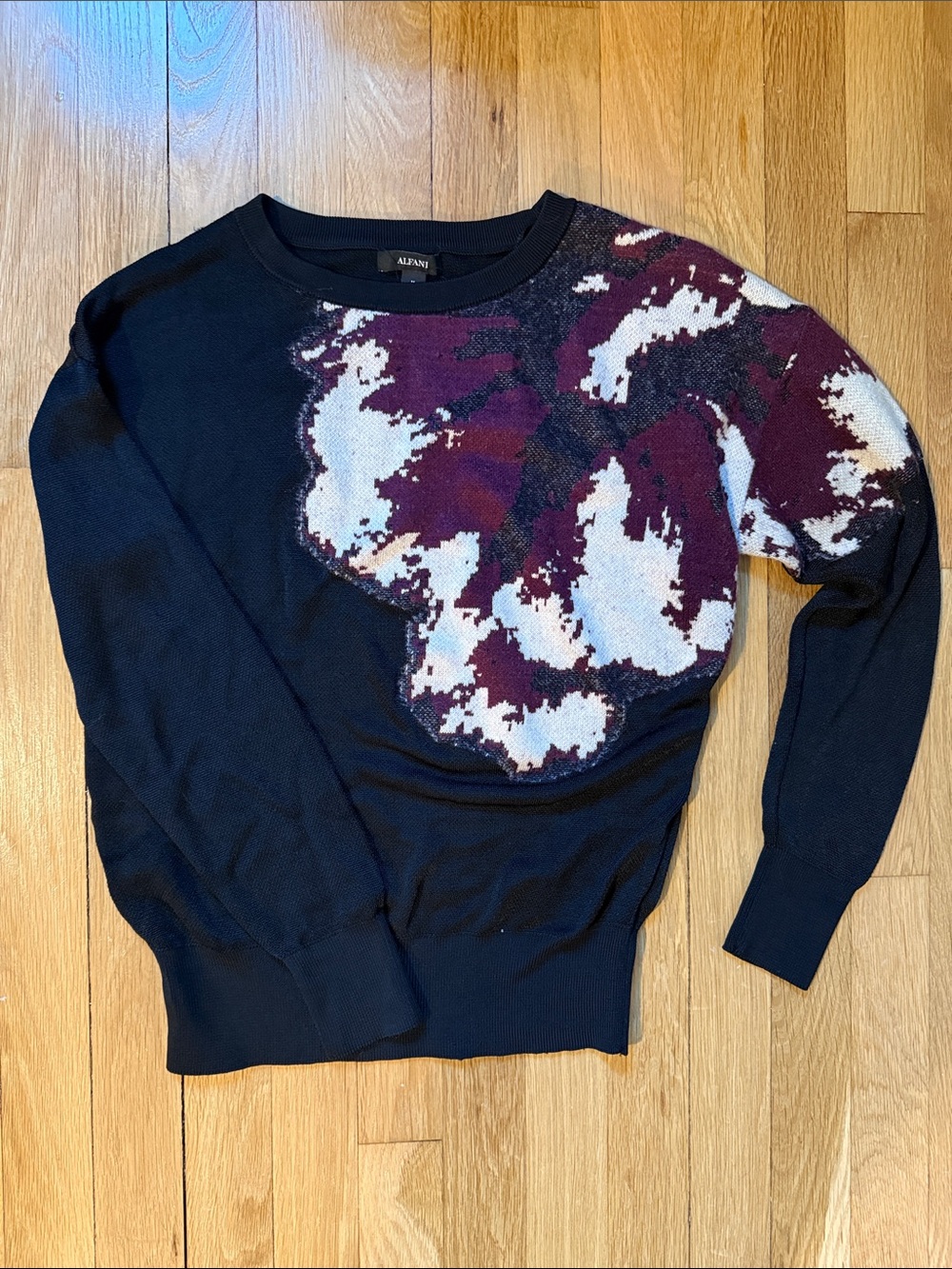 Alfani Black Crewneck Sweater with Burgundy & White Abstract Panel